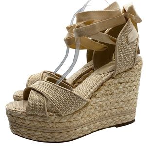 Sam Edelman Sandals Vaughn Beige Wedge Ankle Tie Casual Neutral Chunky NEW